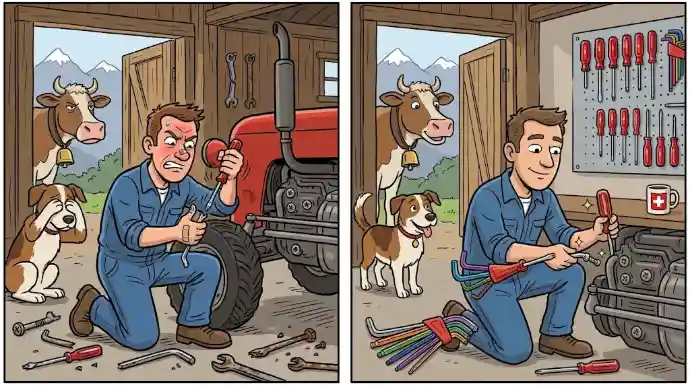 Before and after: mechanic with a slipping screwdriver, then with PB Swiss Tools