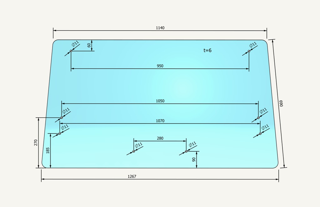 Frontscheibenglas 8 Loch Jakob 1140-1267x690mm