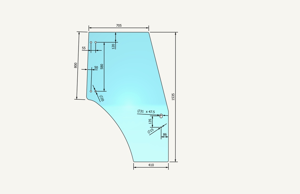 Door glass right 6 holes