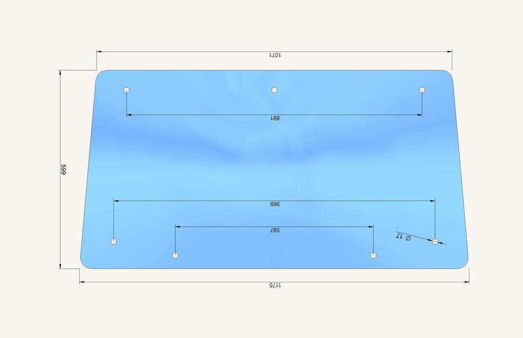 Rear window glass 600x1169mm 7 hole