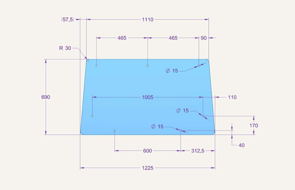 Front glass 690x1220mm 7 hole