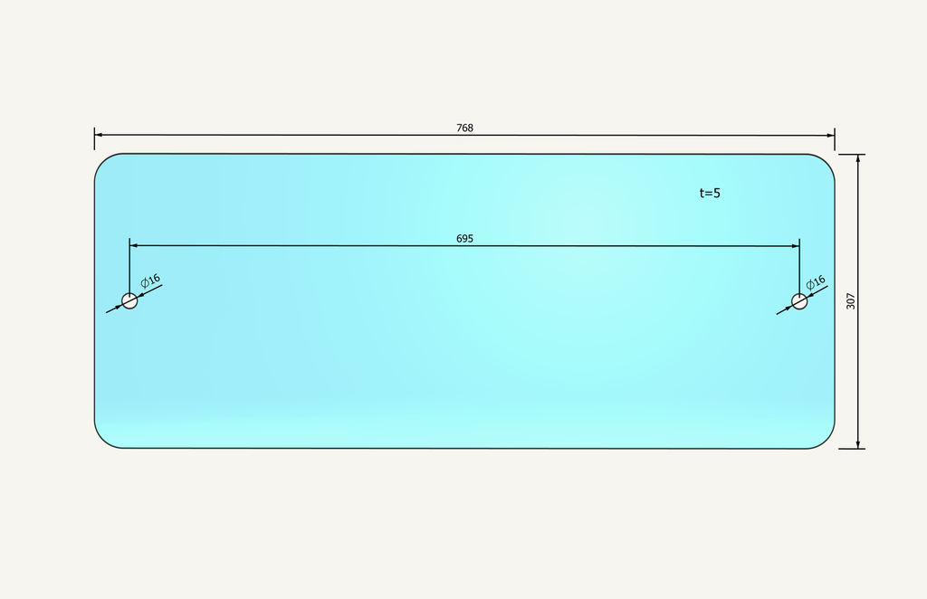 External rear glass 307x768mm