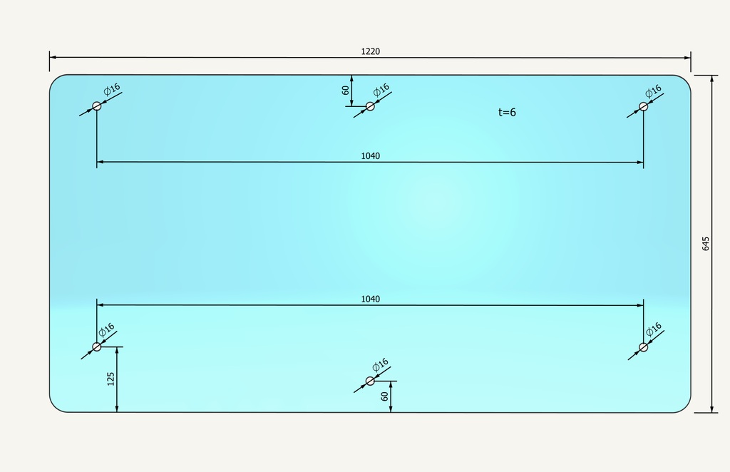 Heckscheibenglas 645x1220mm 6 loch