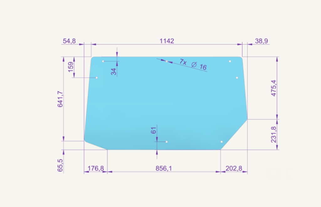 Rear window glass 709x1237mm 7 hole