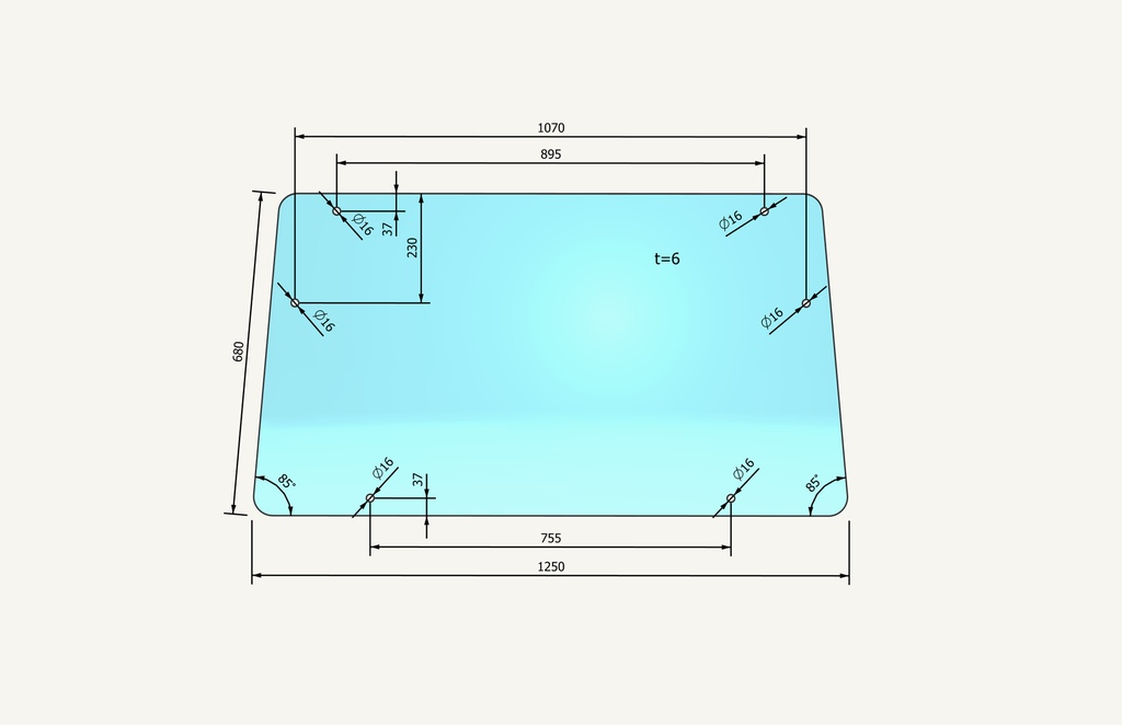 Front window glass 679x1250mm 6 hole