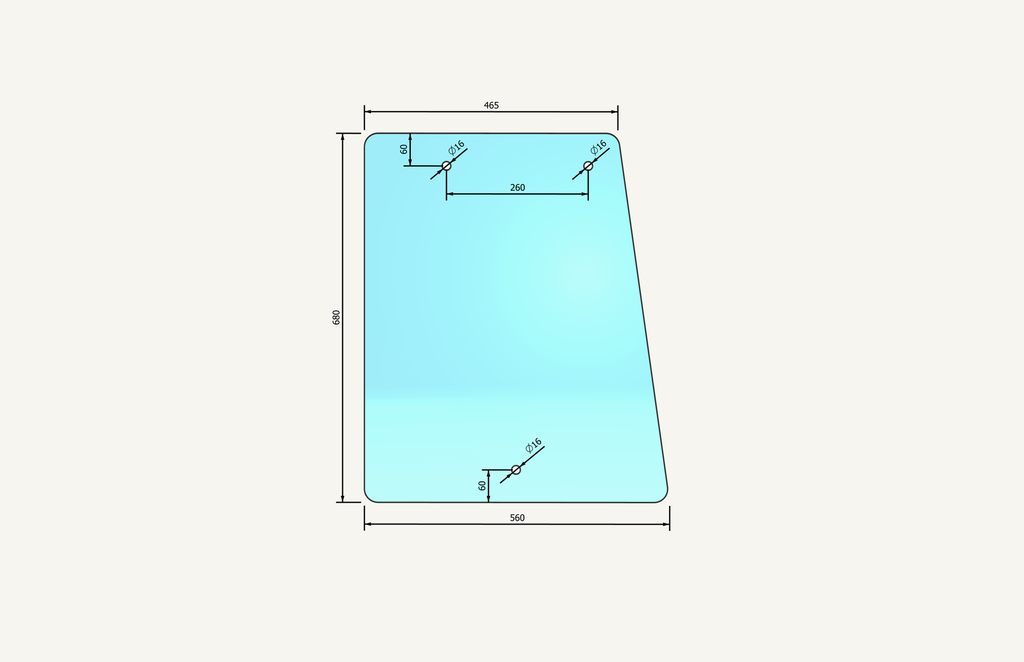 Side window glass 685x558mm 3 hole