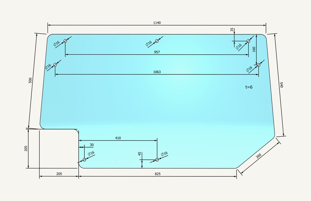 Heckscheibenglas 709x1230mm 7 Loch