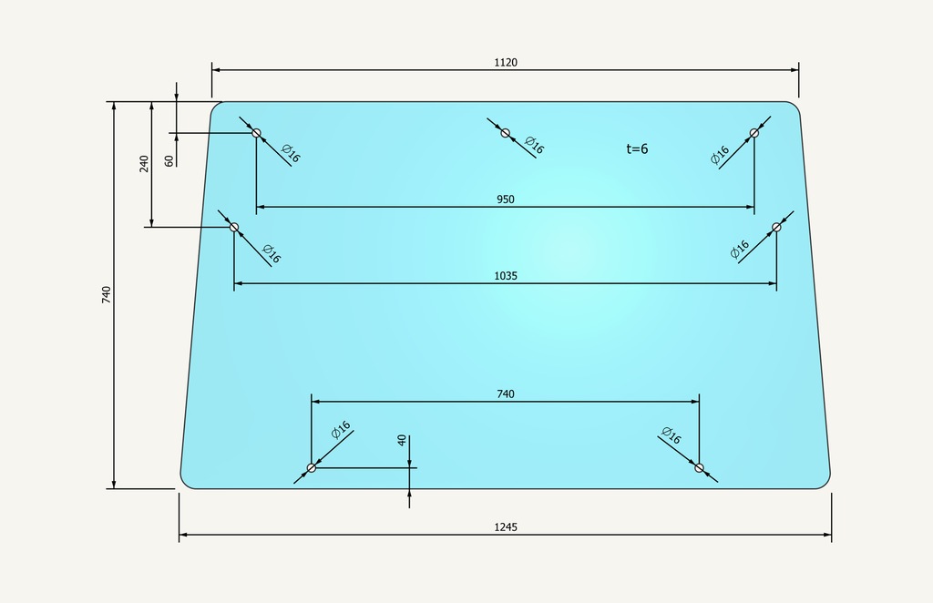 Front windscreen glass 1120/1245x740mm