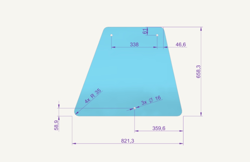 Side window glass 821x658mm A582