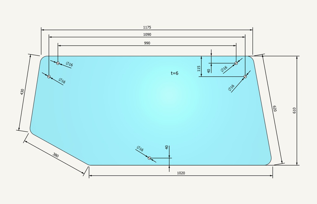 Rear window glass K94 612x1340mm 5 hole