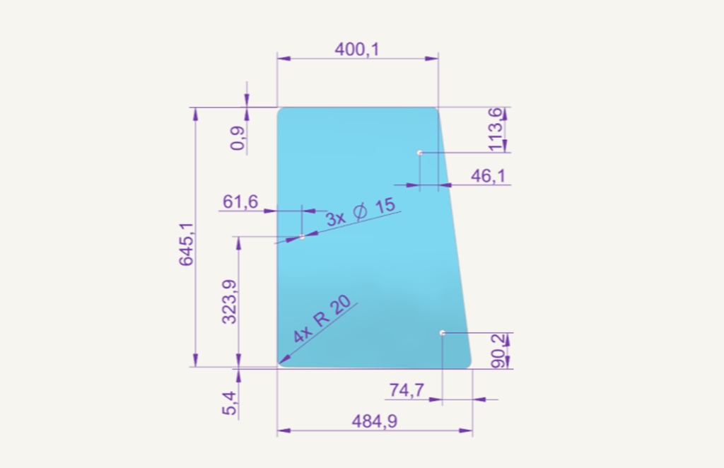 Side window glass 650x484mm K94