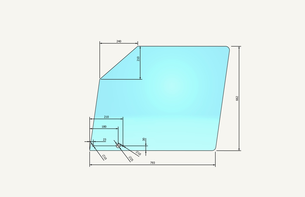 Türglas oben MK630 3 Loch 662x793mm