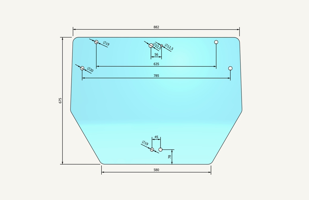 Rear window glass 900x675 8 hole