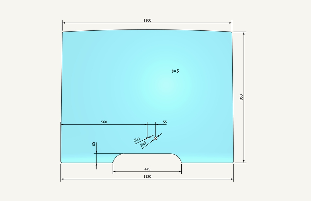 Pare-brise collé 850x1160mm 2 trous