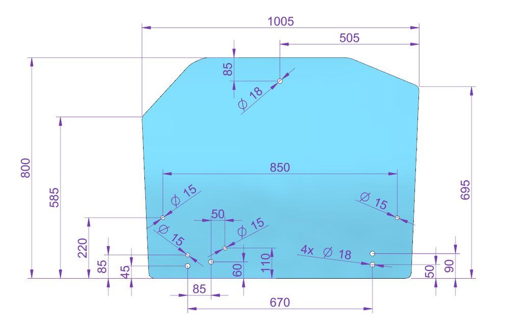 Rear window glass 800x1005mm 9 hole