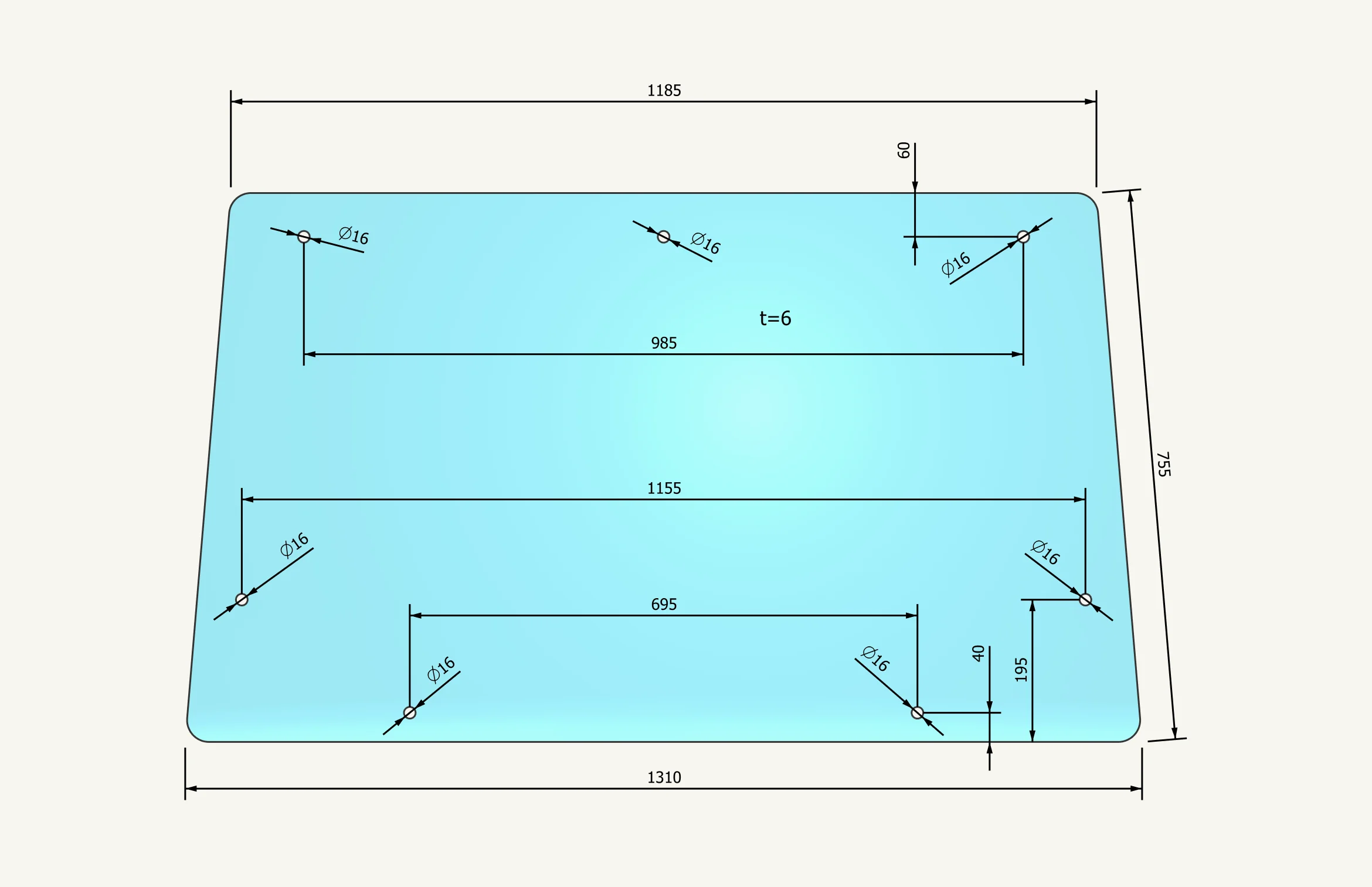 [1015364] Windscreen glass 1185/1310 x 755 mm
