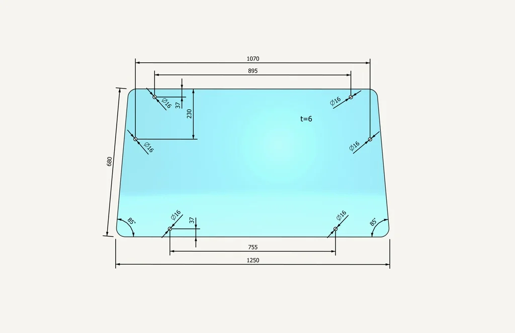 [1015356] Vitre de pare-brise 679x1250mm 6 trous