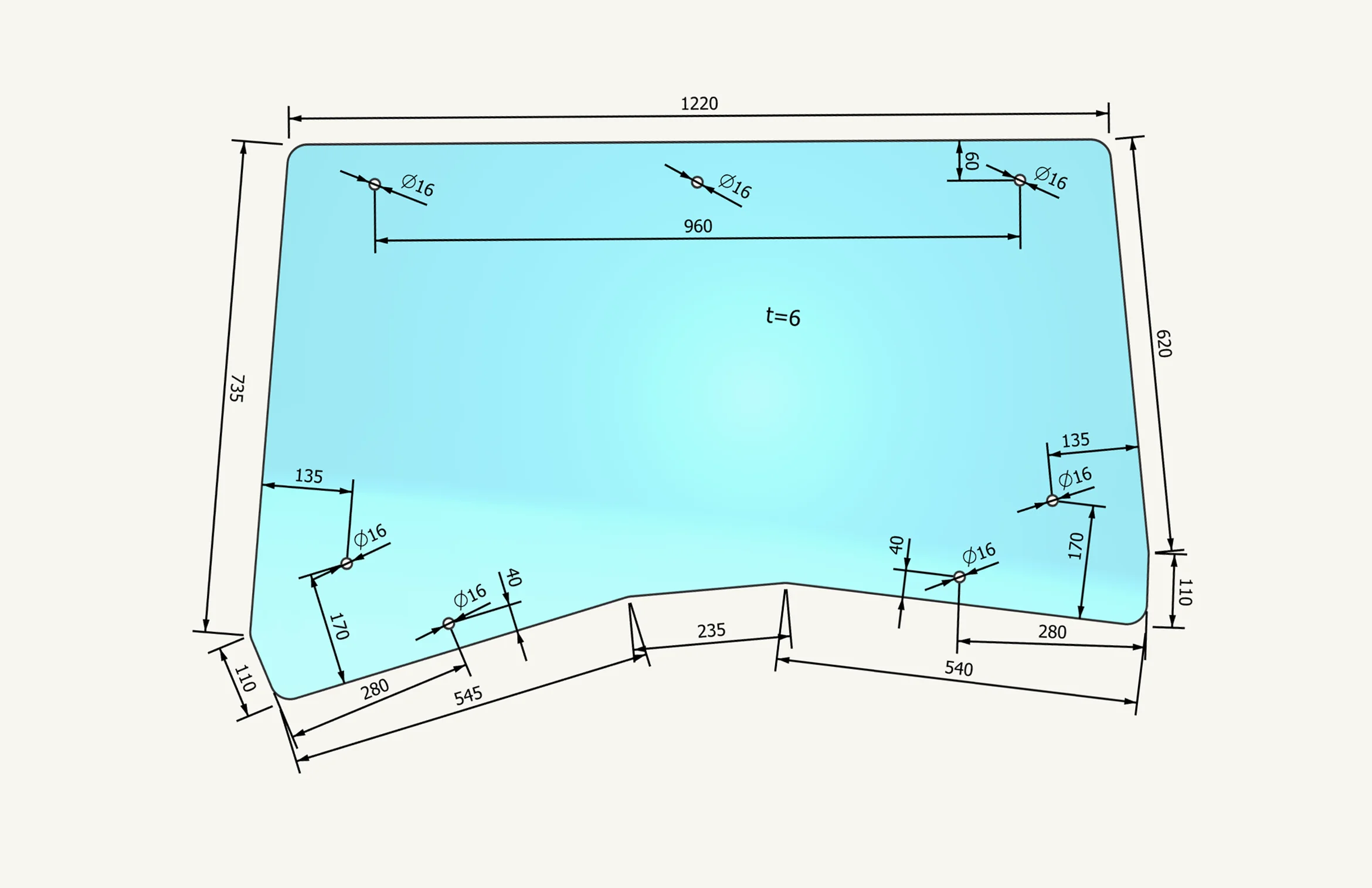Frontscheibenglas 730x1220mm