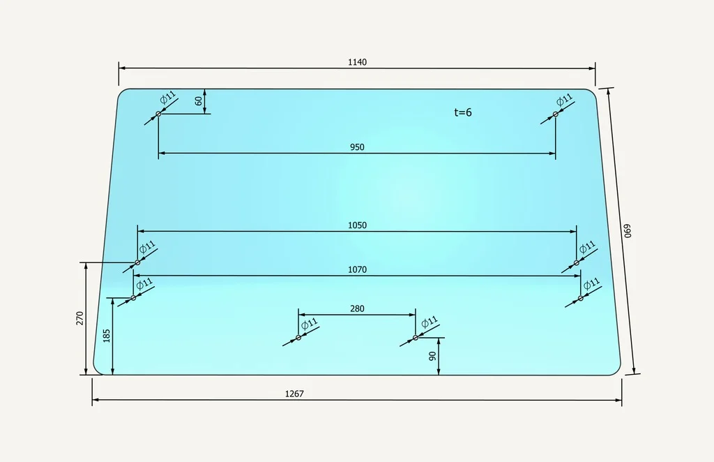 [1010931] Vitre de pare-brise 8 trous Jakob 1140-1267x690mm