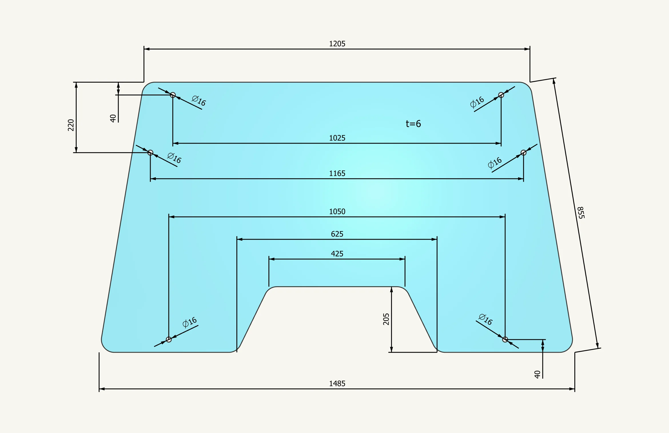 Frontscheibenglas 846x1471mm 6 Loch