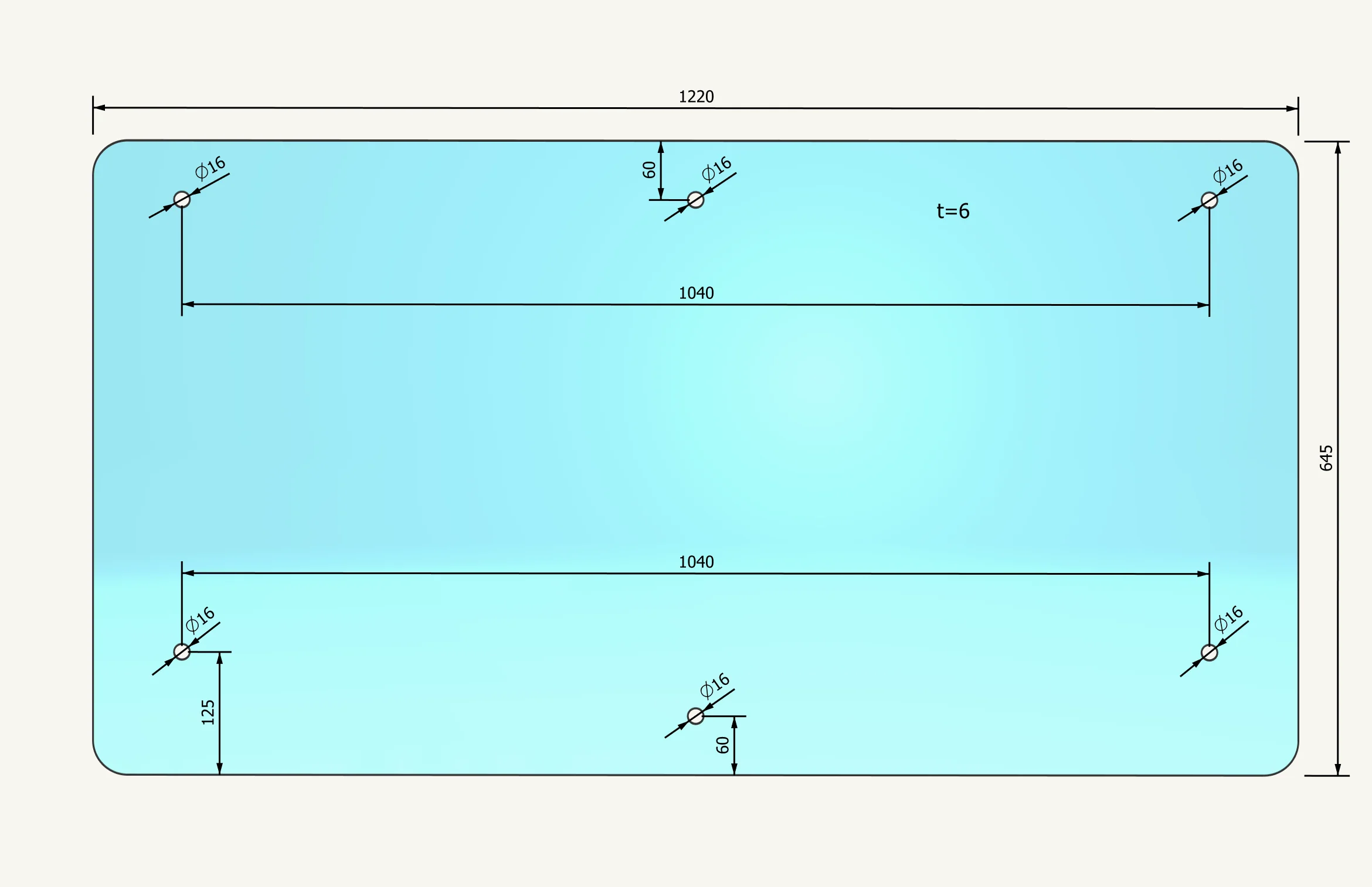 Heckscheibenglas 645x1220mm 6 loch