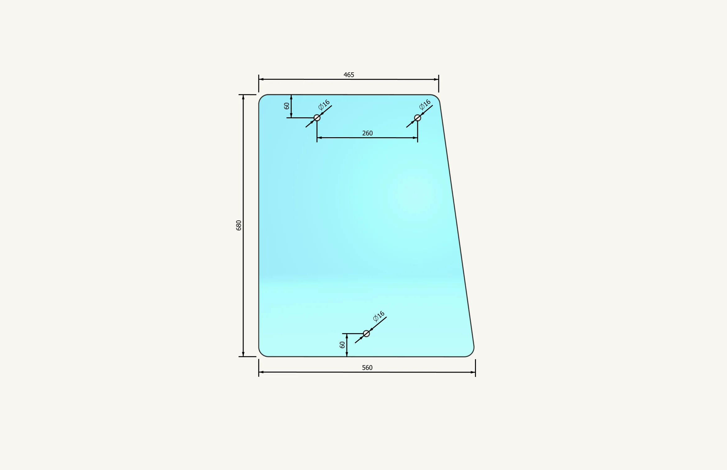 Seitenscheibenglas 685x558mm 3 Loch