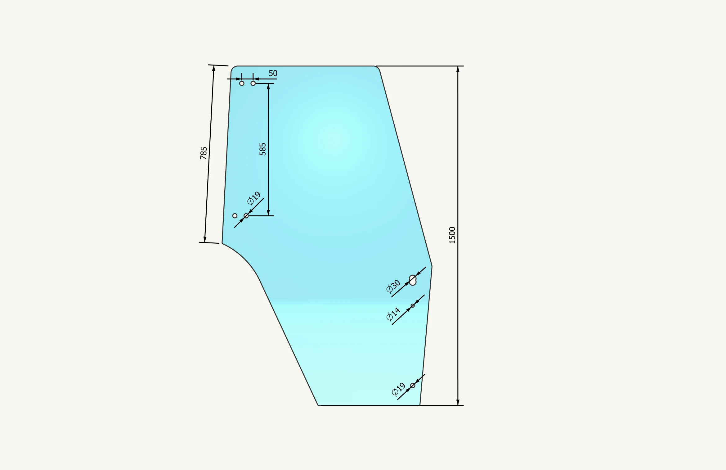 [1012504] Türglas rechts 7 Loch 405/695x1525mm