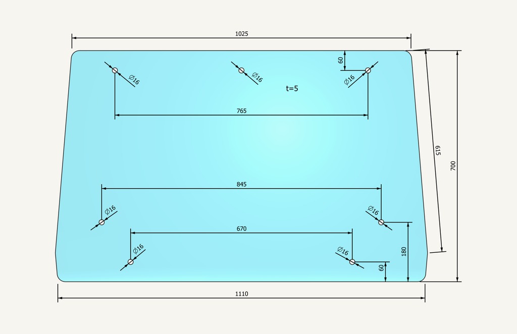 Front glass CX722 700x1132mm 7 hole