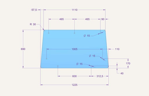 [1015304] Vitre frontale 690x1220mm 7 trous