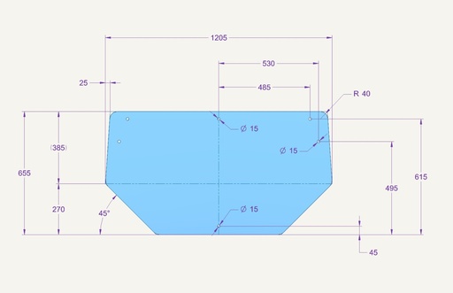 [1015391] Rear window glass 655x1205mm 6 hole